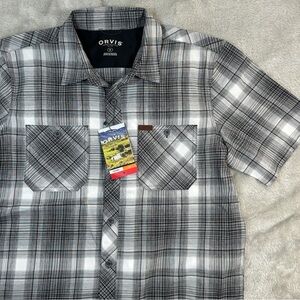 Orvis Shirt Mens Medium Grey Plaid Short Sleeve Tech UPF 30+ Fishing NEW